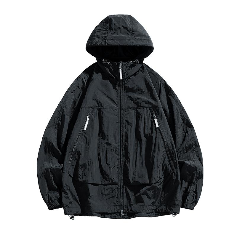 Men's Hooded Windbreaker Sunscreen Jacket - Ultra Light Summer Zipper Pocket Elastic Cuffs Suitable for Outdoor Hiking