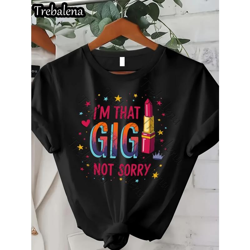 European size , GIGI Text Print Women's T-Shirt Casual Round Neck Spring/ Summer Top Short Sleeve