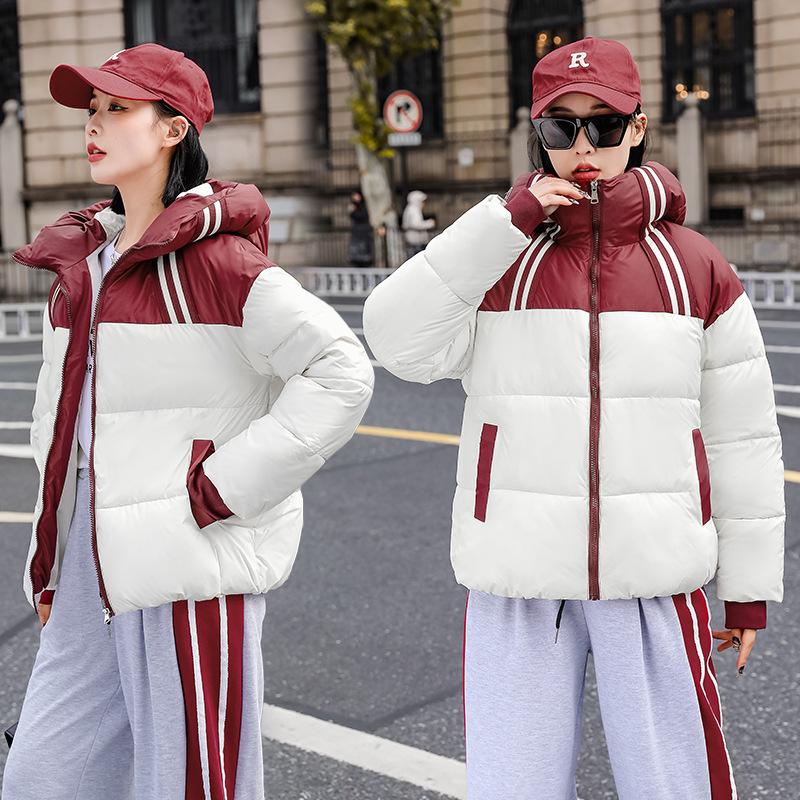 Short hooded color matching winter new down cotton thickened bread fashionable loose cotton coat