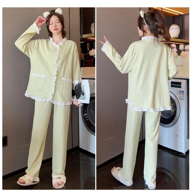 Cotton Pajamas Women Spring Fall Cute Thin Two-piece Suit Sweet Students Sleepwear Long Sleeve Loose Homewear