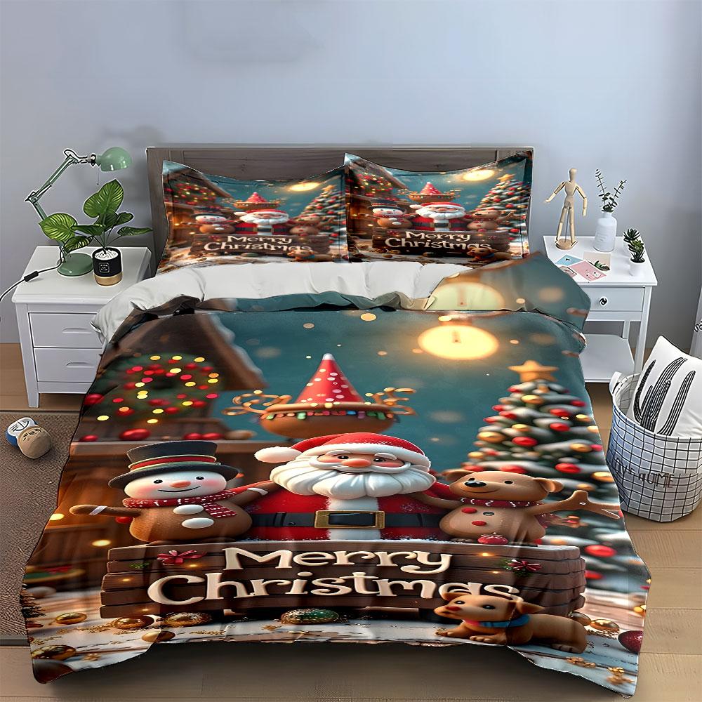 Christmas Santa Snowman Decor Bedding Duvet Cover Set Duvet Cover Pillowcases (1*Duvet Cover 2*Pillowcases, Without Duvet Insert)