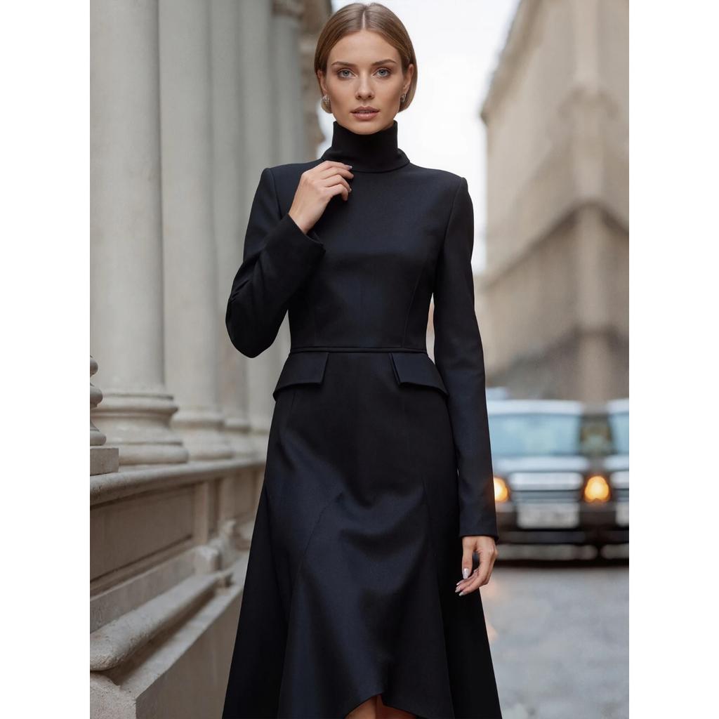 Nowa Elegancka Długa Sukienka Damska Jednokolorowa, Rozkloszowana, Można Prać w Pralce, Odpowiednia na Wiosnę i Jesień