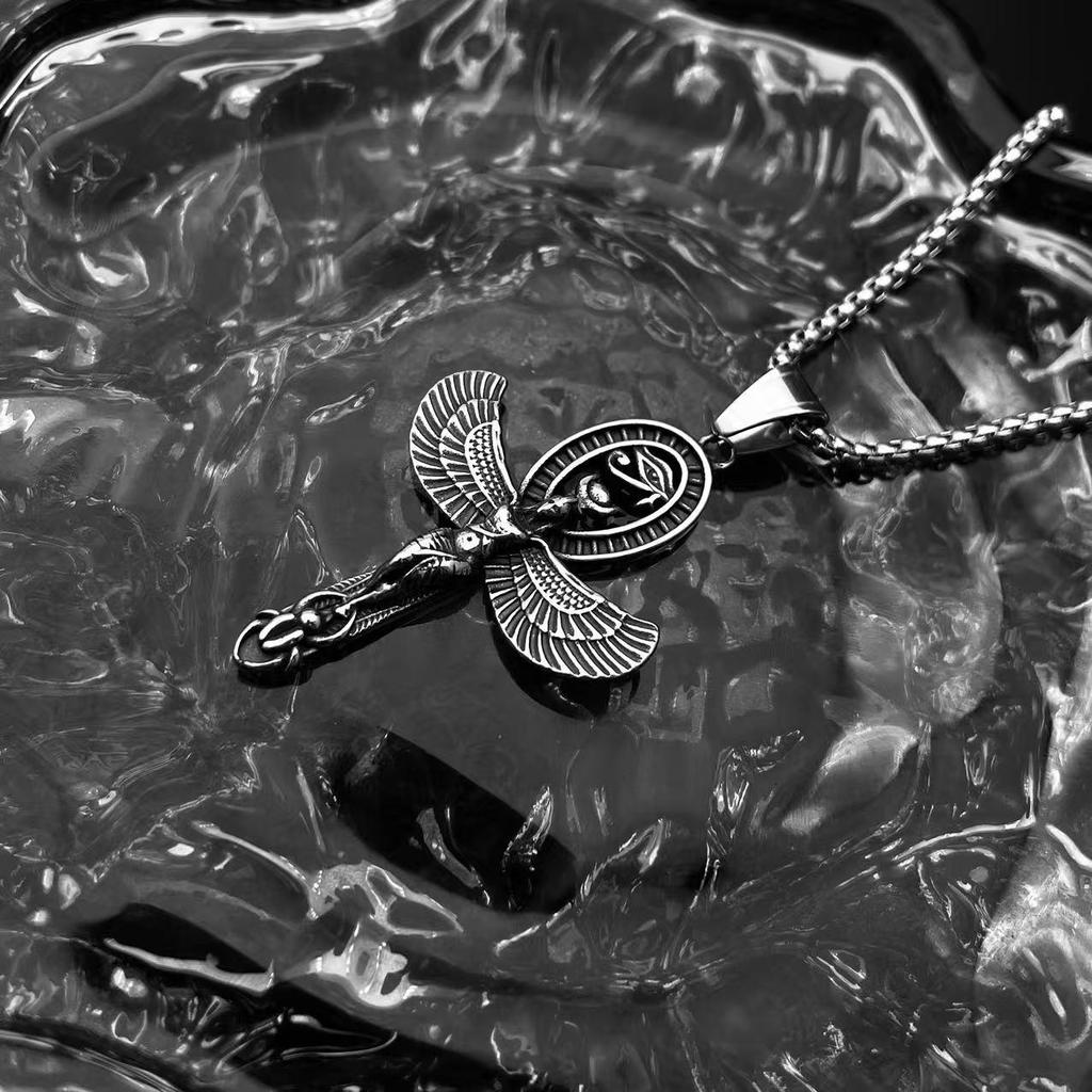 Personalized Winged Goddess Necklace: Ancient Egyptian Horus Ankh Pendant for Men
