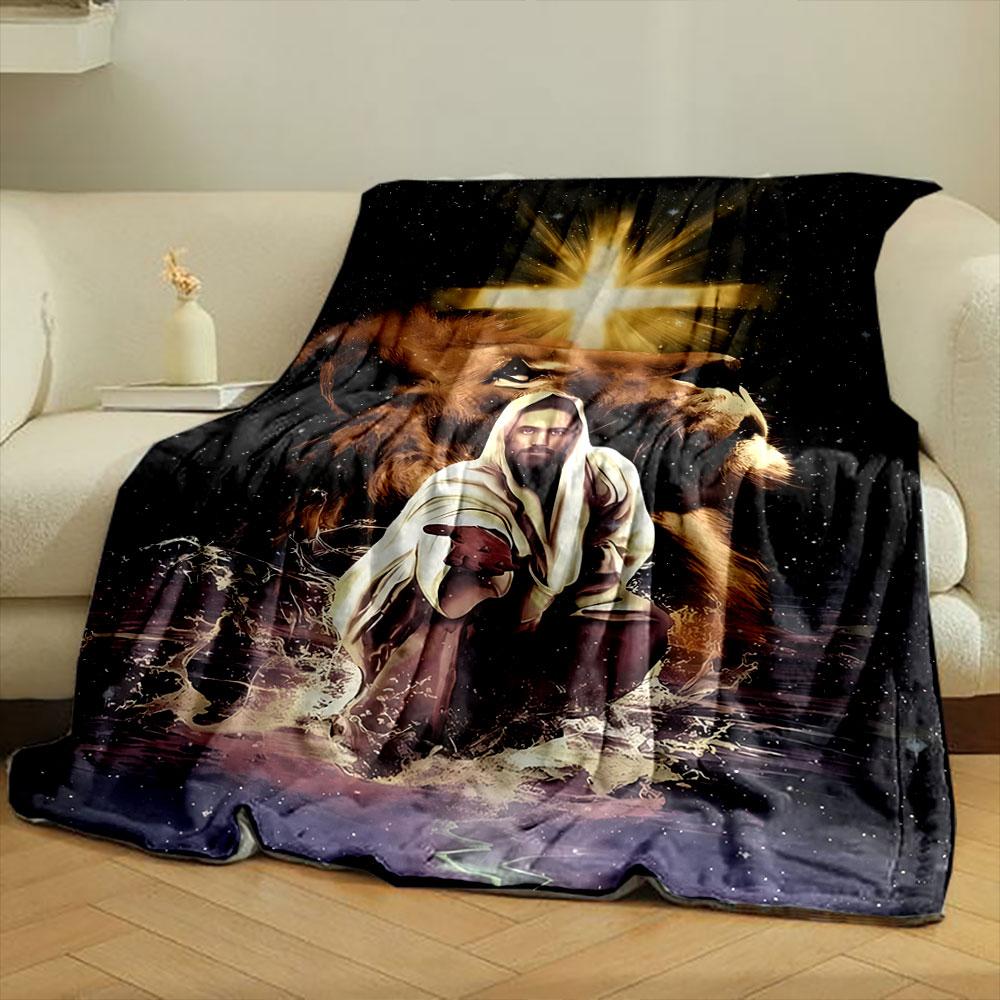 Jesus Löwe Kreuz Gedruckte Decke Gedruckte Decke für Wohnzimmer Bett Sofa Mittagspause Weiche Gemütliche Decke für Freund's Festival Geschenk