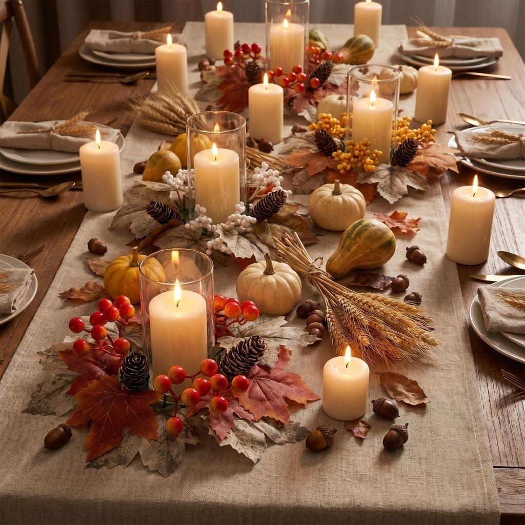 2 Piece Artificial Maple Leaf Berry Pinecone Candle Ring Wreath Set for Autumn Table Centerpiece Decor Home Display