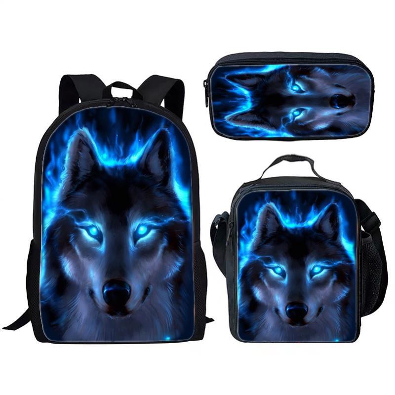 Animal Wolf Three Piece Set for Children and Elementary School Students, Large Capacity Backpack, Meal Pack, Pen Bag