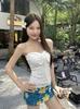 Seaside Resort Floral Print Blue Bandeau Top and Skirt Set for Women