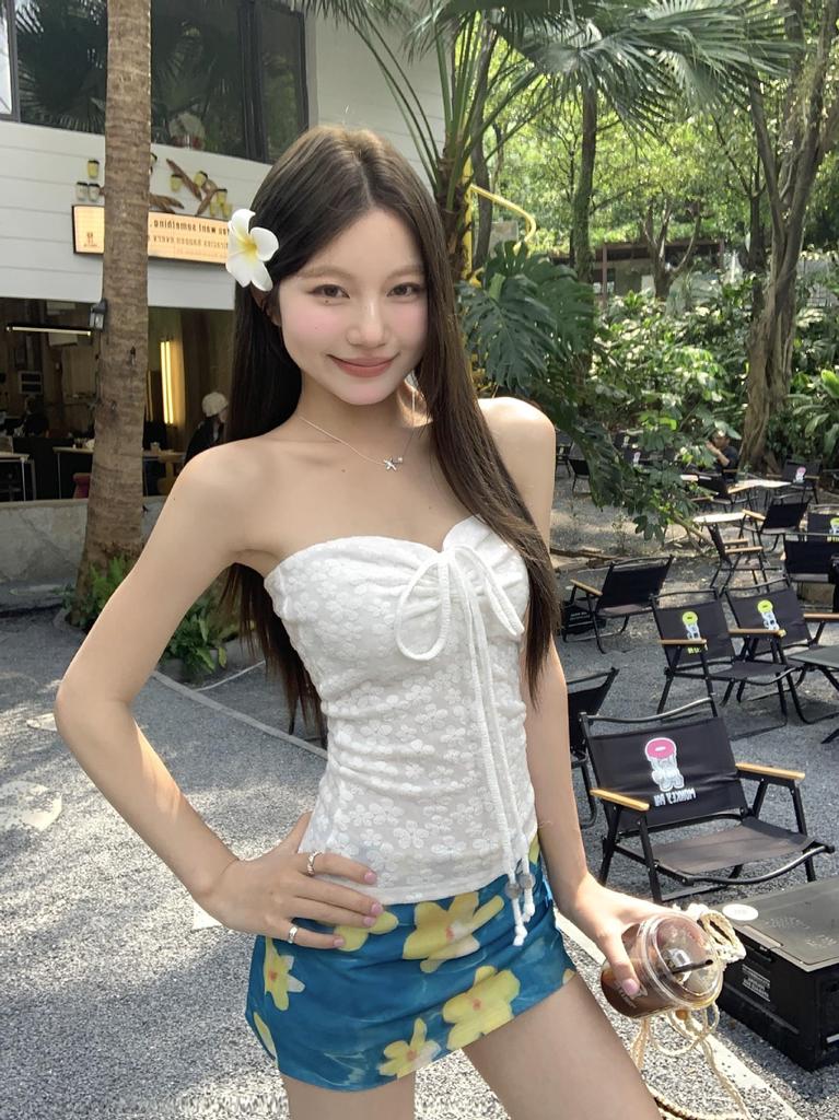 Seaside Resort Floral Print Blue Bandeau Top and Skirt Set for Women