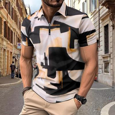 Zomer Mode 3D Abstracte Kunststijl Patroon Gedrukt Korte Mouw Ritssluiting Heren Poloshirts