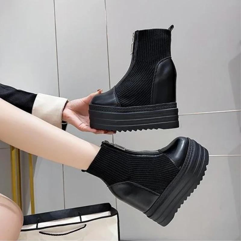 Moda 2024 Nuevas Botas de Tobillo de Invierno para Mujer Botas de Plataforma de Calidad Moda Femenina Bota Corta Tacón Alto Negro 13.5cm Cremallera Zapatos de Calceta para Mujer