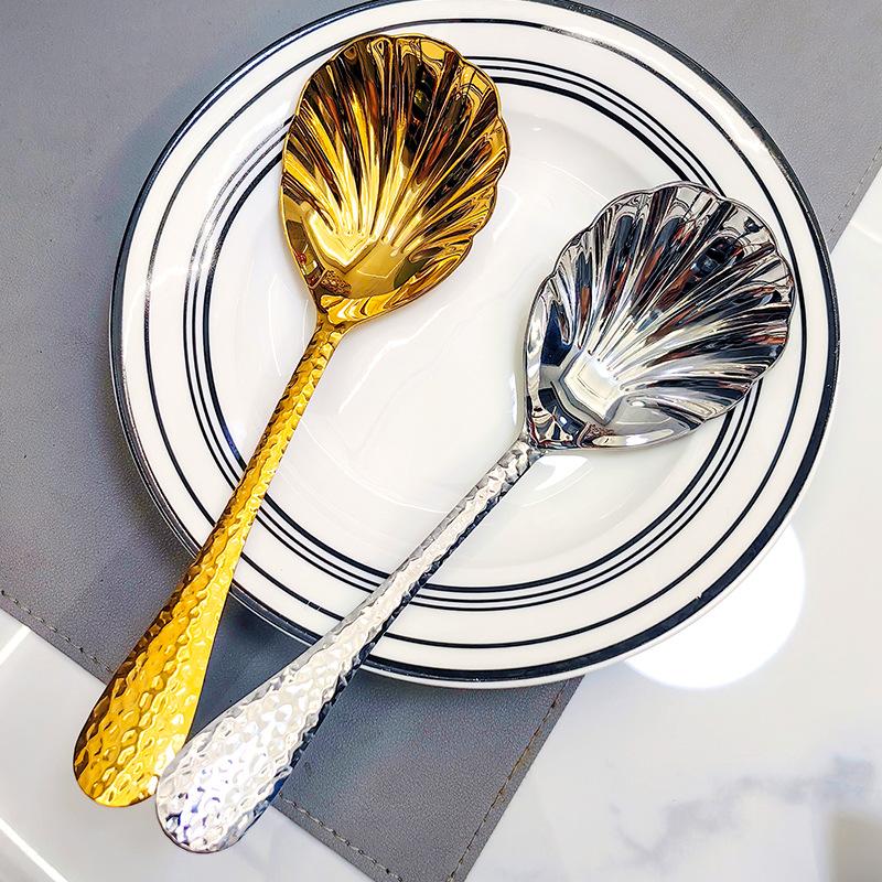 1pc Shell Shape Stainless Steel Spoon With Long Handle Ladle Restaurant Dessert Spoon Ice Cream Scoops Kitchen Accessories Tool