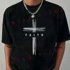 Faith Cross And Letter Print Motorcycle T-Shirt Men Hip Hop Streetwear Unisex Casual Able Short