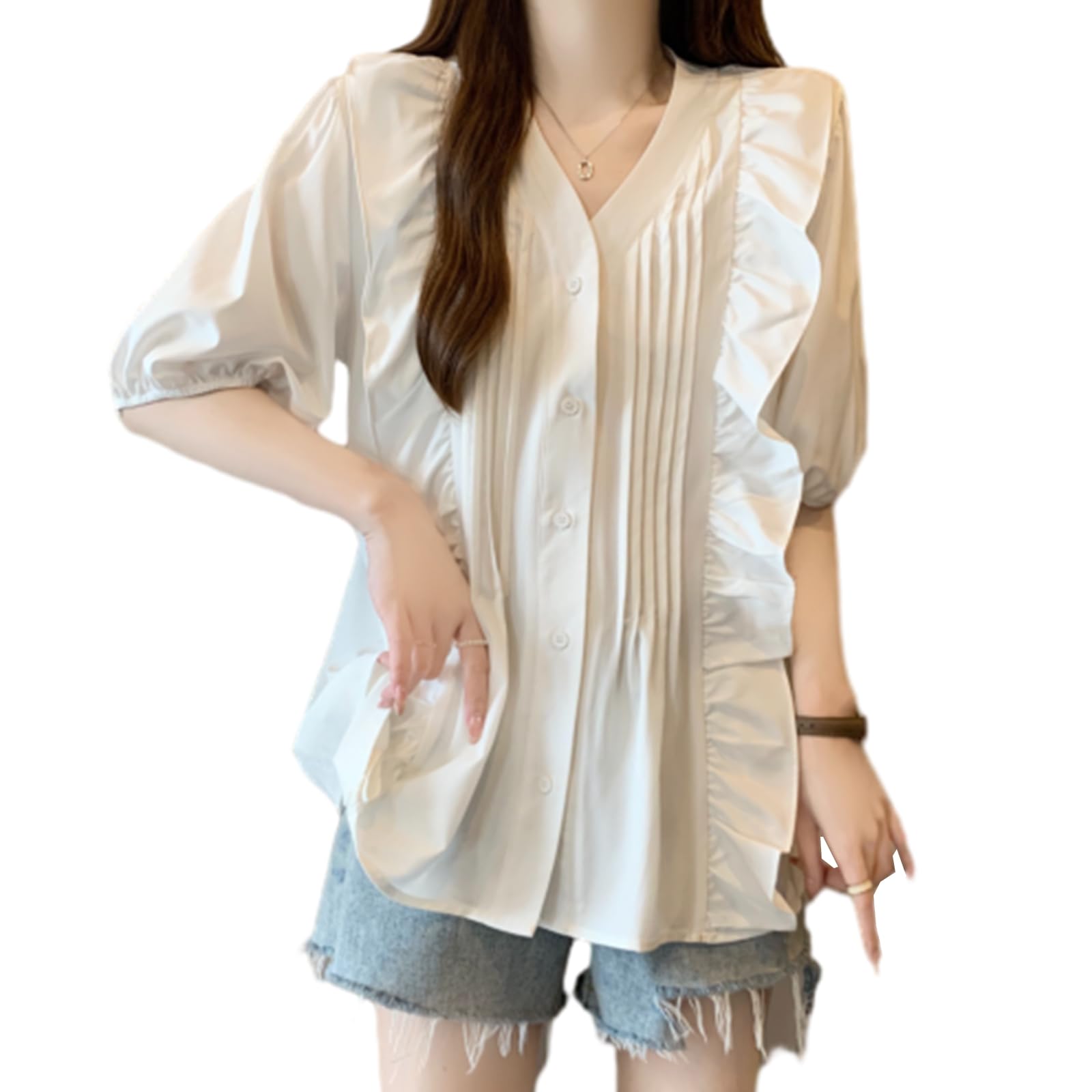 

JoccKorr Short Sleeve Ruffled Solid Chiffon and Cute for the and Summer Women s V-Neck Blouse, Shirt, Flattering, Roomy, Stylish, Elegant, Office,