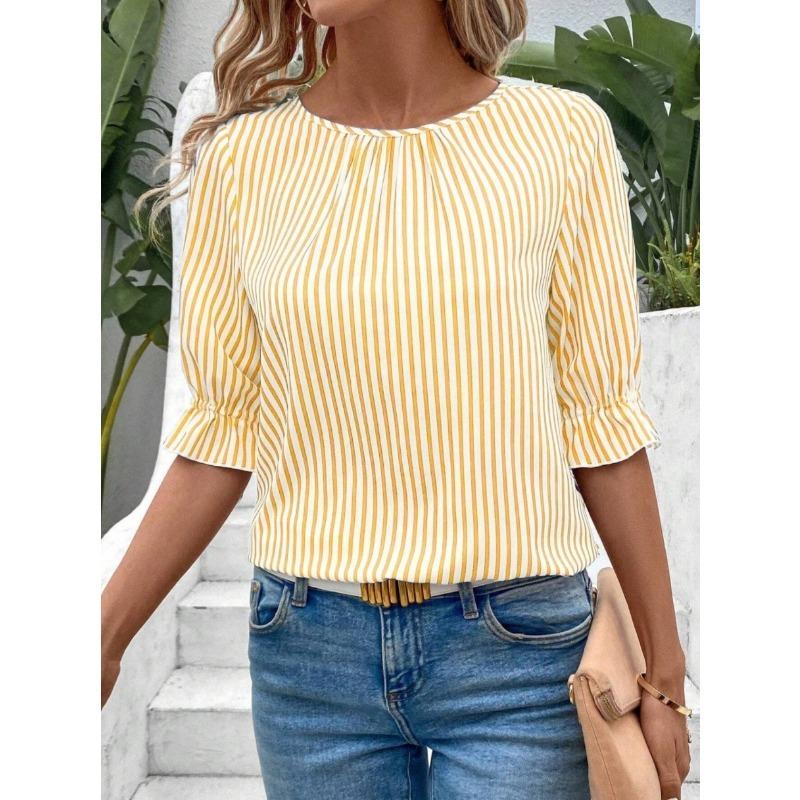 Fashion Striped Pattern Women Shirts Summer Five Quarter Sleeve Ladies Button Blouse 2XL Plus Size Casual Shirt