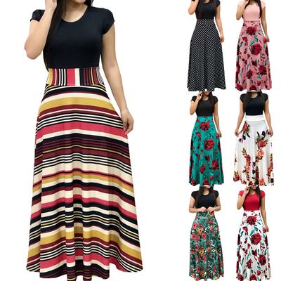Damen Partykleidung, lang, Rundhalsausschnitt, Blumenmuster, Strandkleid, Kurzarmrock, Maxi, Vintage, S-3XL