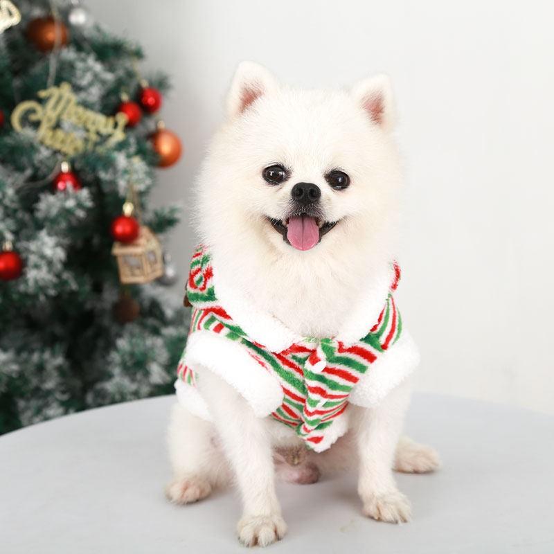 Pet Christmas Costume Small Dogs - Reindeer Themed Cozy Winter Outfit In Red Green Stripes XS To XXL