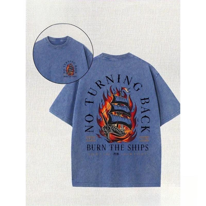 Washed Cotton Pirate Ship Pattern T-shirt - Loose Street Style "Turning Back Burn The Ships" Print, Four Seasons Outdoor Casual Shirt and Gift