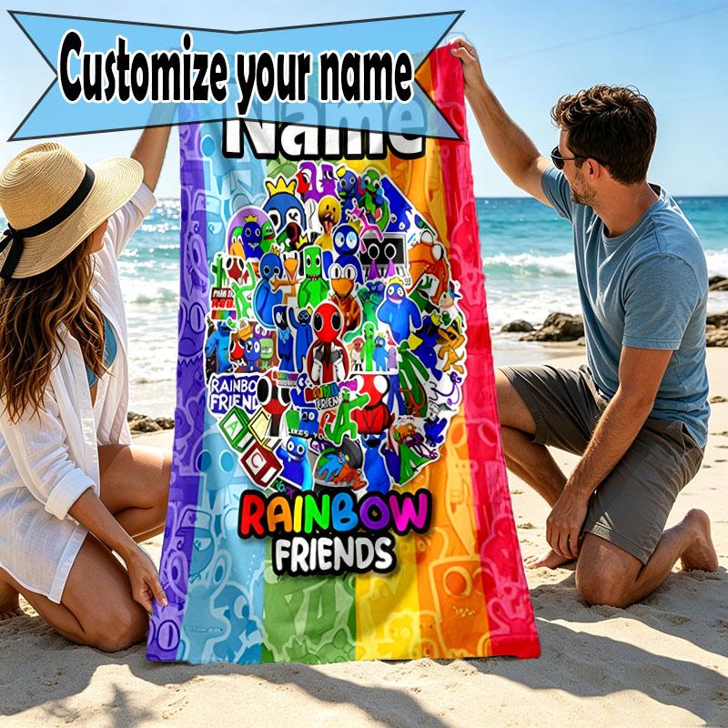 Custom Name Personalized Game Rainbow Friends Print Beach Towel, for Trip Camping Beach Party Home Decor, Birthday Gift for Family & Friends