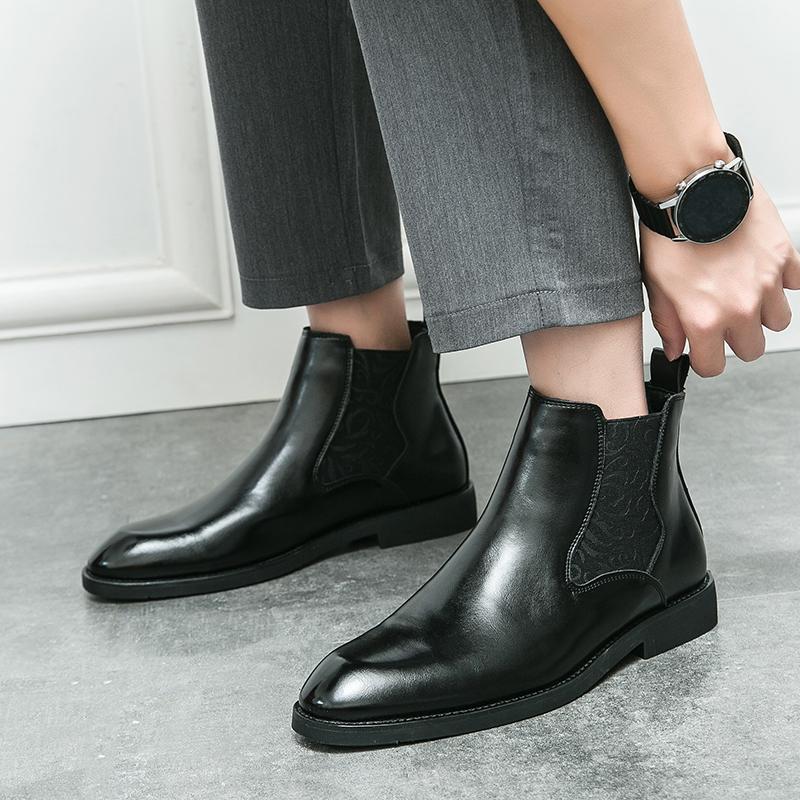 Briish Style Elastic Band Carving Chelsea Boots for Men Ankle Business Round Toe Mens Boots Free Shipping Size 38-46 Men Shoes