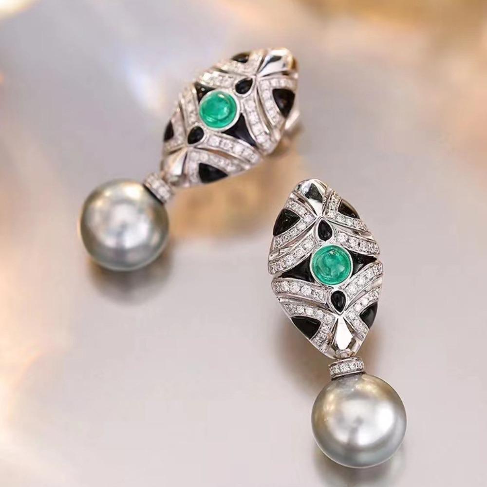 

Vintage Artdeco Black Resin Dangle Earrings with Faux Tahitian Pearl and Emerald Green Drops Elegant Gothic Jewelry for Women