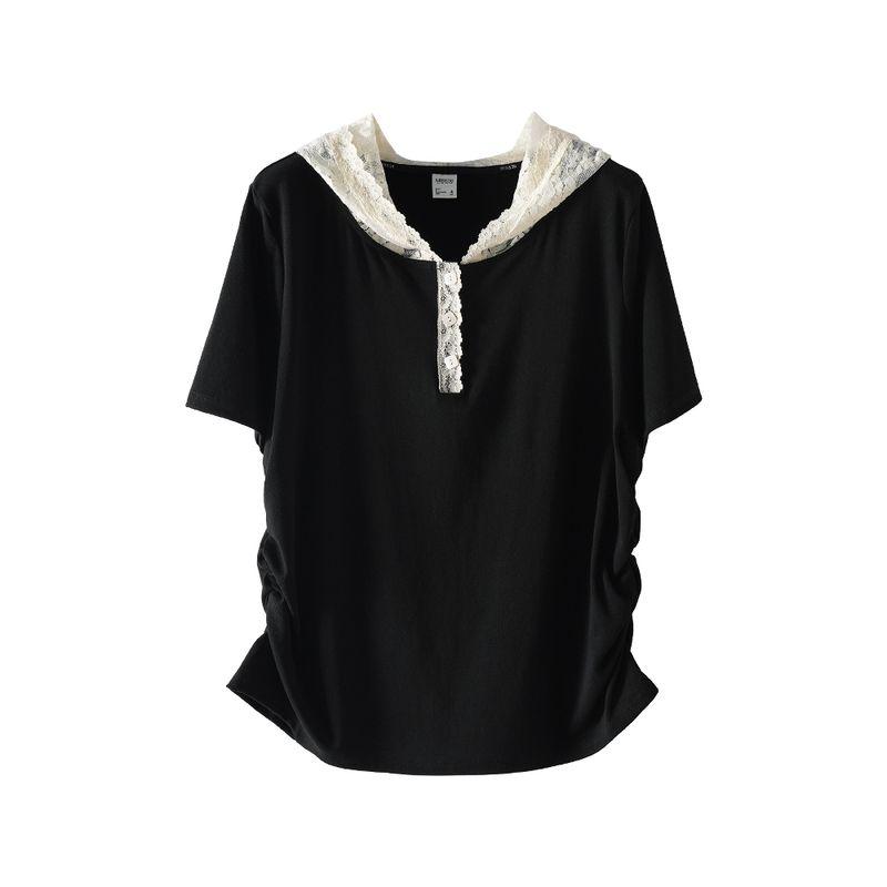 Plus size women clothing [Popular Shirt This Year] Contrast Color Lace Stitching Hood Short sleeve Summer 100.00kg Waist Hugging T-shirt