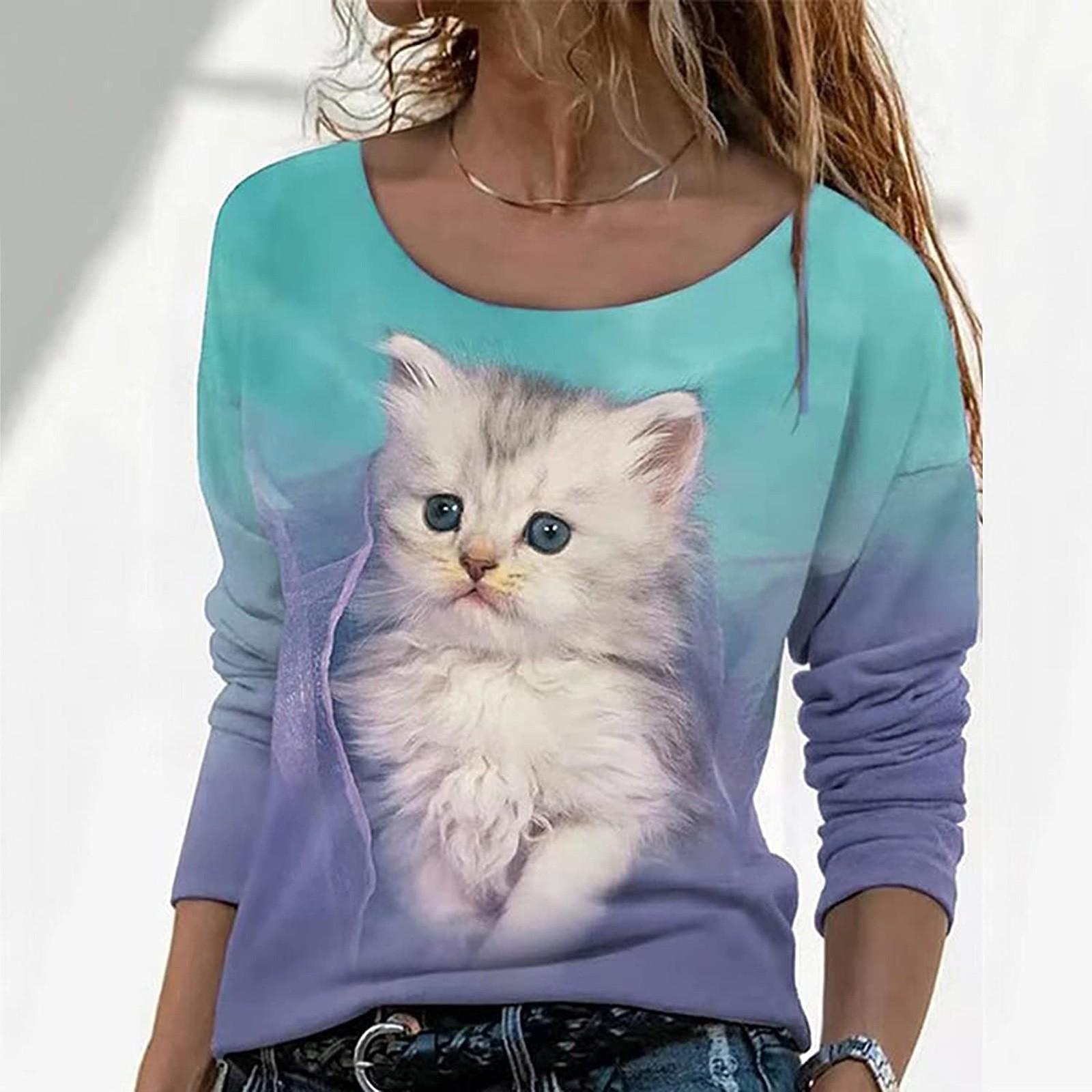 

Plus Size Tops For Women Cute Print Round Neck Long Sleeve T-shirt Fall Winter Casual Slim Pullover Tunics Blouse XXXXL