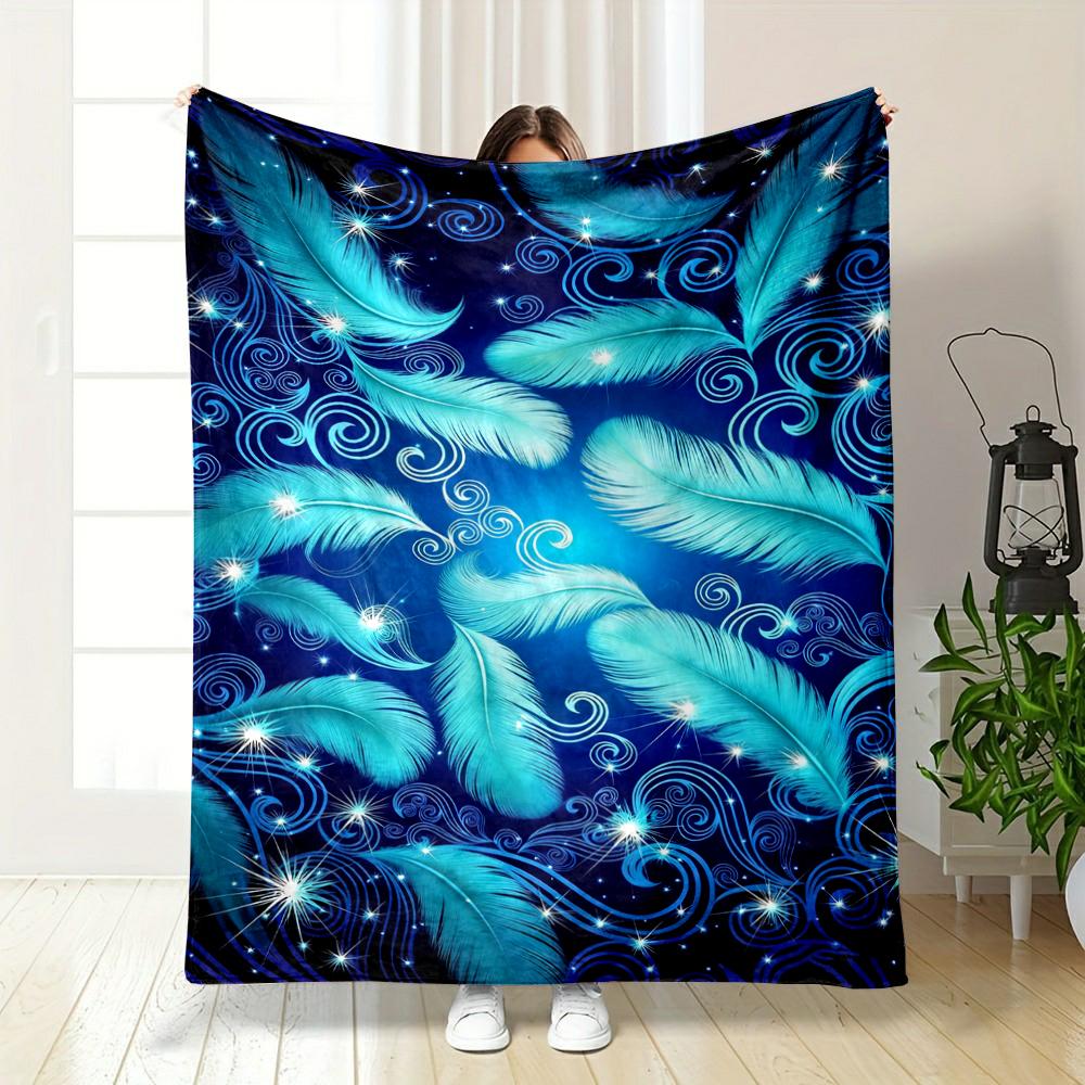 Blue Feathers and Swirls Pattern Blanket Flannel blanket for bedroom, living room, sofa, and nap sofas