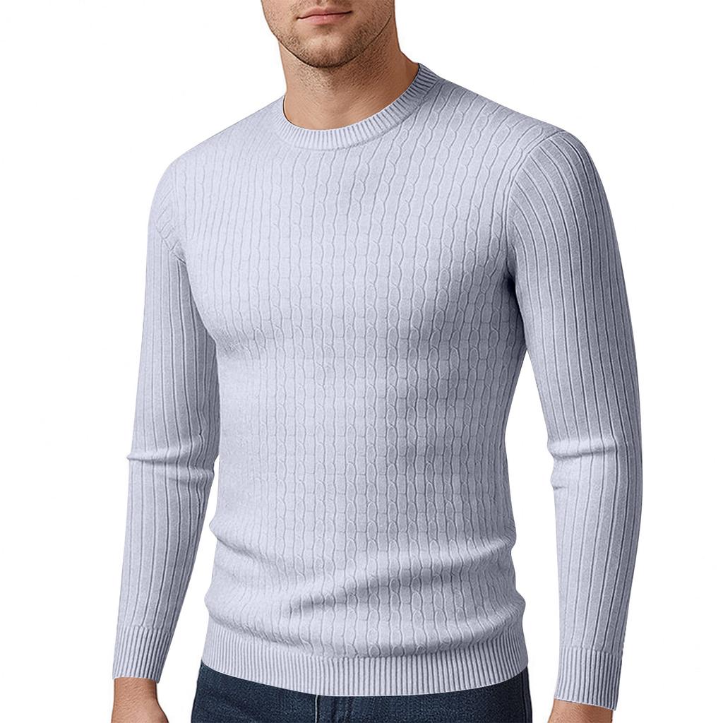 Men's Long Sleeved Solid Color Cable Knit Sweater Bottoming Shirt Slim Fit Pullover