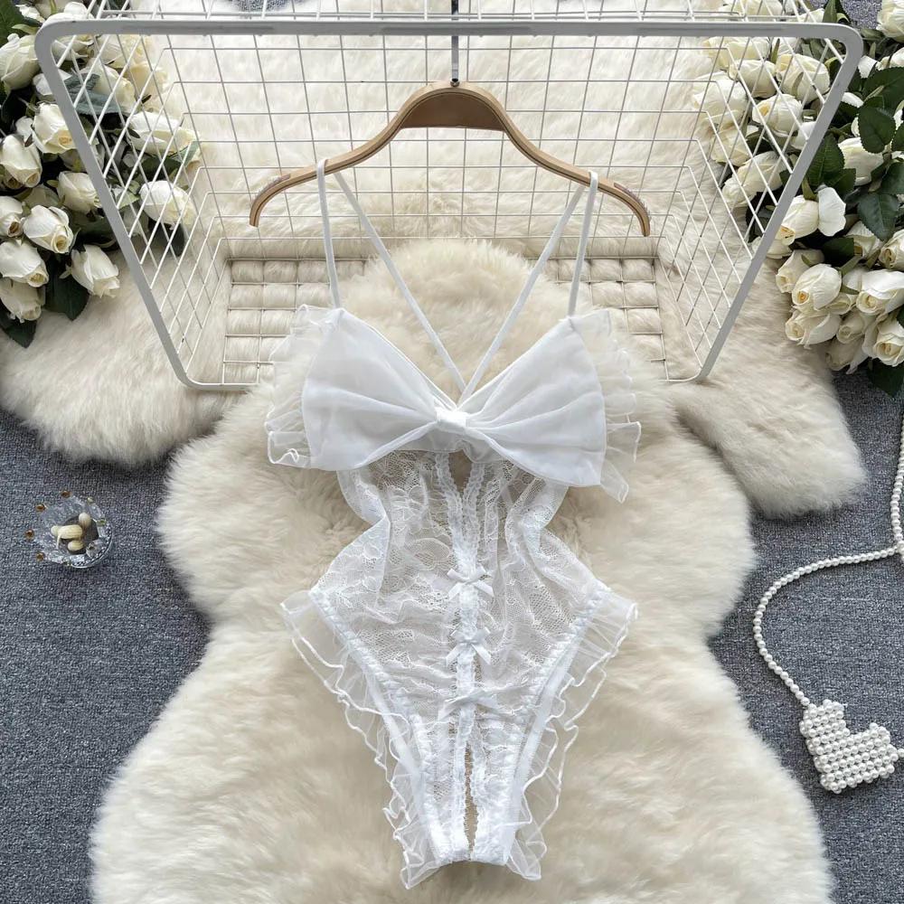 See-through Sexy Camisole Bodysuits Women Big Bow Hollow Out Open Crotch Skinny Playsuit Lace Rompers Backless Solid Sleeveless