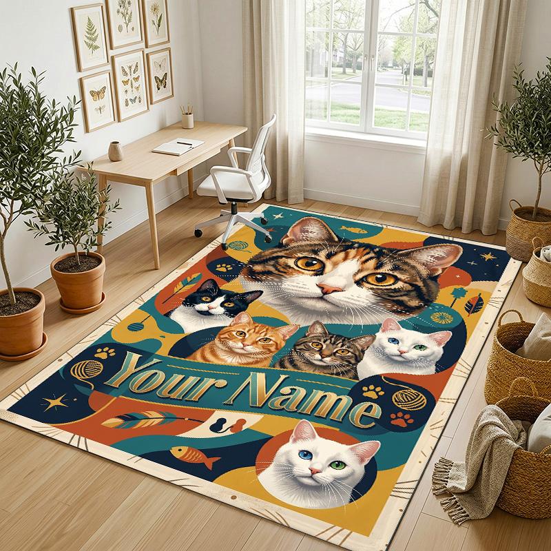 Cat Theme Crystal Velvet Rug Personalized Custom Name Text Soft Floor Mat Home Decor