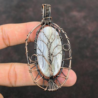 Tree Of Life Blue Lace Agate Pendant Gemstone Wire Jewelry Copper Wire Wrapped Pendant Handmade Pendant Tree Of Life Jewelry Gift For Mother