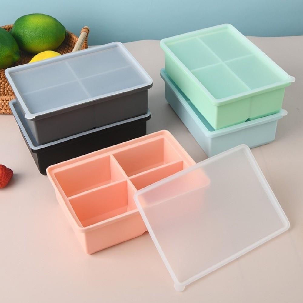 New Silicone Ice Making Mold Square Shape 4 Grid Food Freezing Molds Large Capacity Leak Proof Lid Ice Cube Tray Kitchen Use