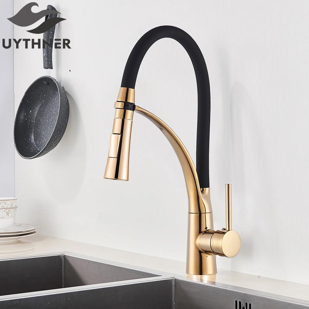 Chrome Rubber Kitchen Faucet Mixer Tap Rotation Pull Down Stream Sprayer Taps Hot Cold Water Tap One Handle Kitchen Tap