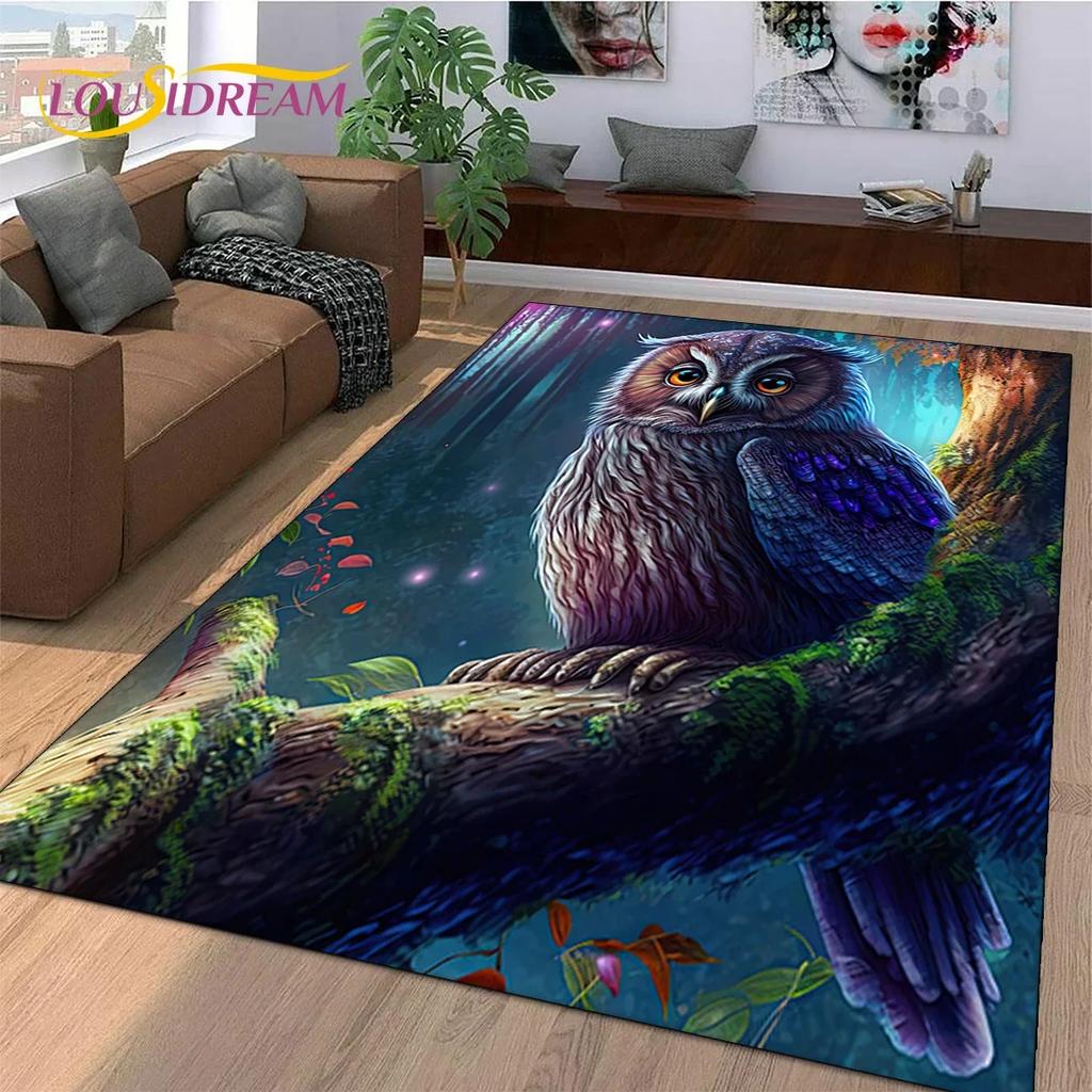 3D Süße Eule Adler Vögel Cartoon Teppich für Schlafzimmer Wohnzimmer Zuhause Sofa Dekoration, Kinderspiel Große Dekor Bodenmatte Geschenk