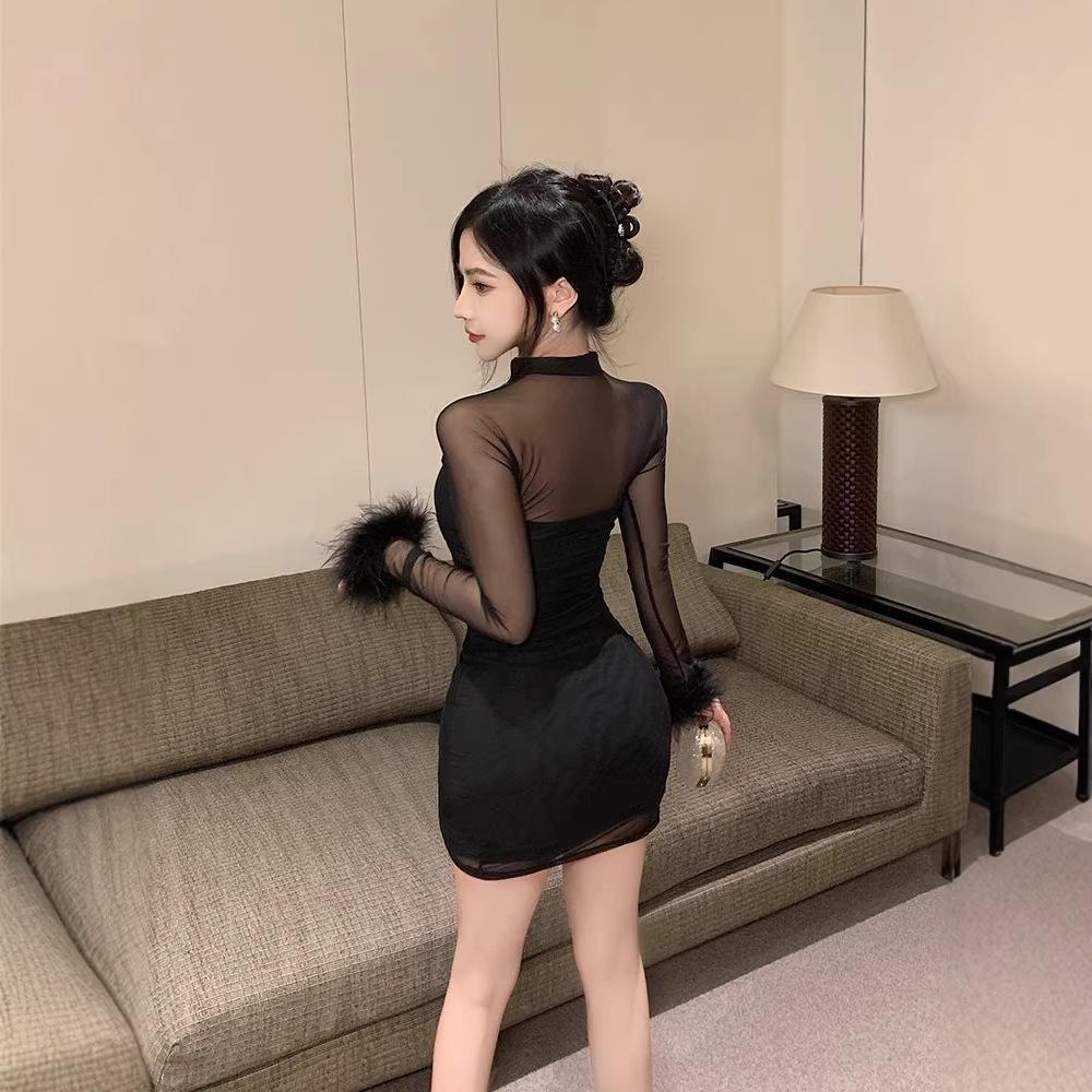 Spring New Sexy Mesh Hollowed-out Black Dress Femininity Inner with Imperial Sister Style Slim-fitting Hip Skirt