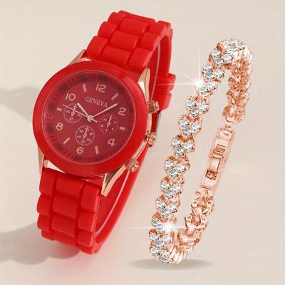 2 Stück/Set Elegante Damenuhr Mode Lässig Silikonband Armbanduhr & Strass Armband, Geschenk für Sie