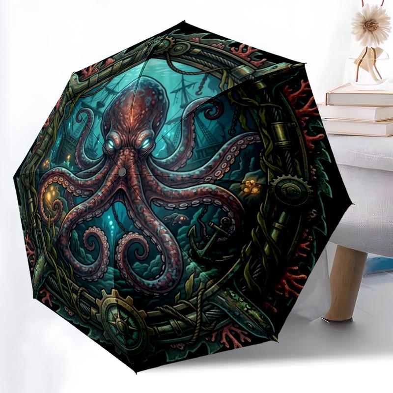 Steampunk Octopus Dive Pattern Umbrella, Portable and Foldable Design, 8 Ribs, a Casual Accessory for Halloween, Christmas, and Birthday Gifts.