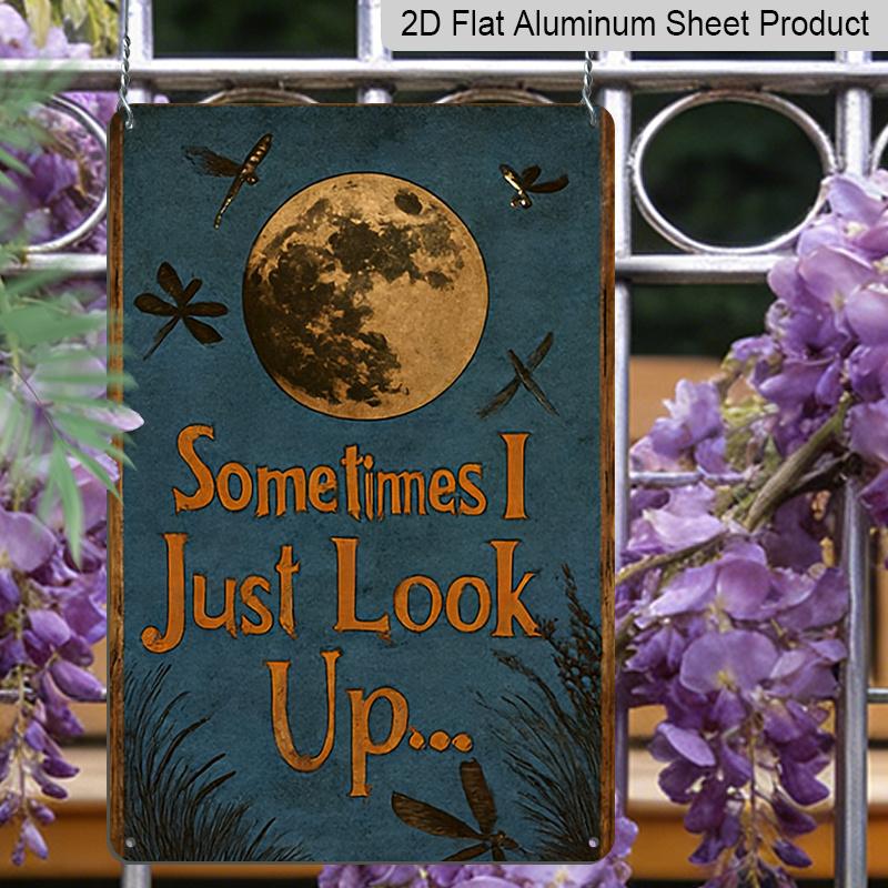 2D Flat Retro Dragonfly and Moon Metal Aluminum Plaque - "Sometimes I Just Look Up" Quote - Country Style Decor - Deep Blue Night Sky with Stars