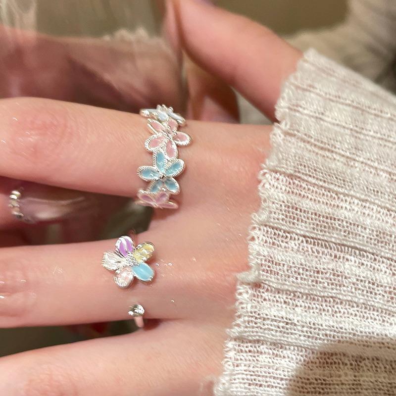 Zircon dripping oil colored flower opening ring exquisite fashion temperament ring fresh and versatile advanced sense index finger ring