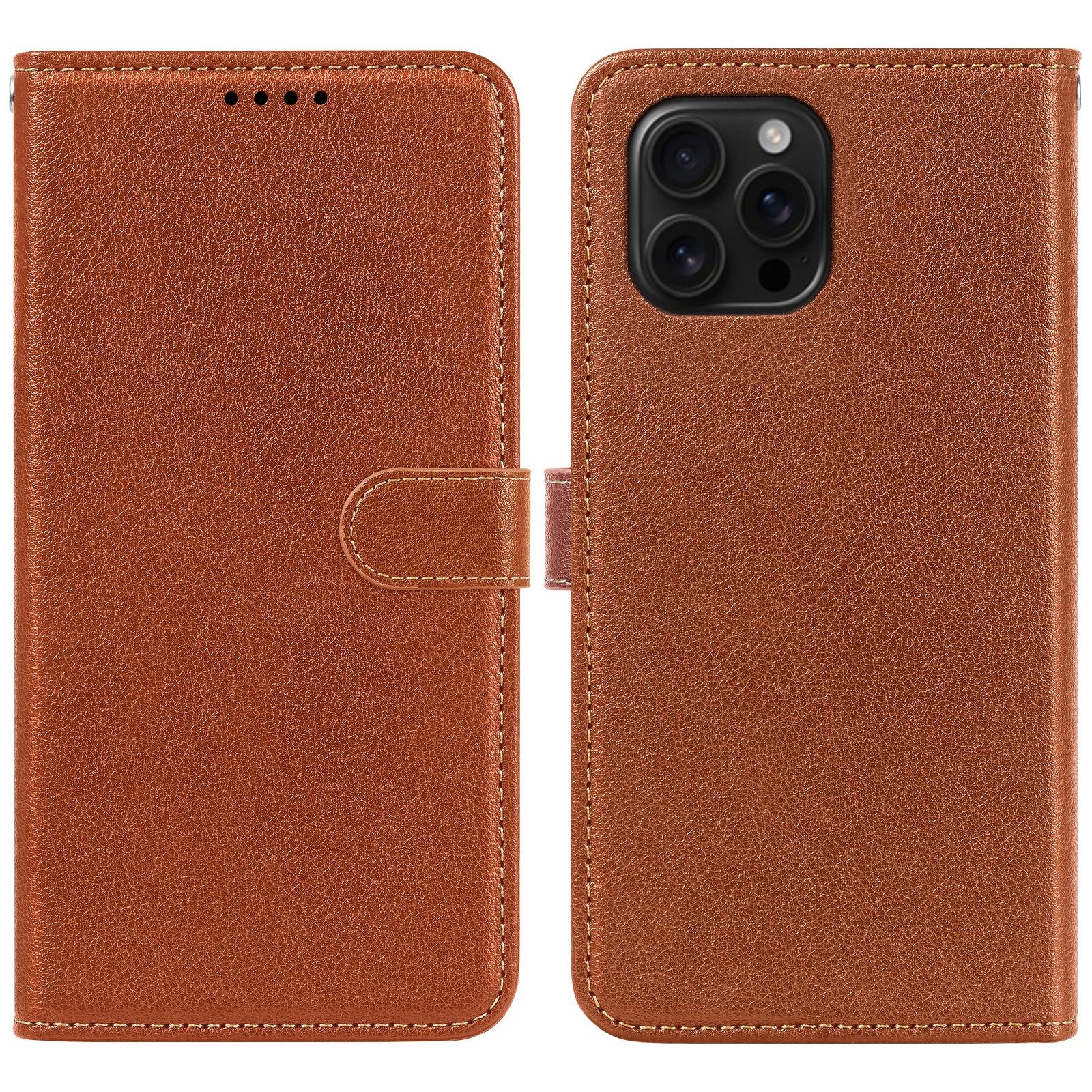 

Кожаный чехол для iPhone 16 Pro Max с текстурой личи, кошелек, чехол для телефона с RFID-блокировкой Brown