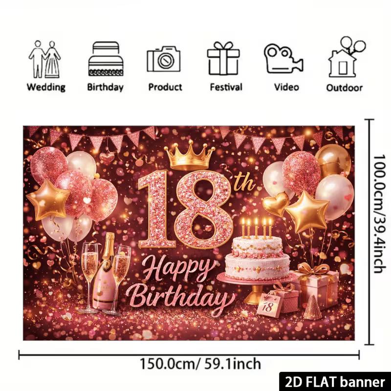2D 18th Birthday Photography Background, Rose Gold Themed Party Backdrop Banner