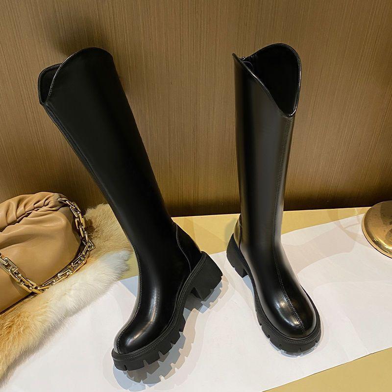 Height-increasing Boots Thick Heel 2025 Autumn and Winter New Trend Versatile Zipper Knight Boots Thick-soled High Boots