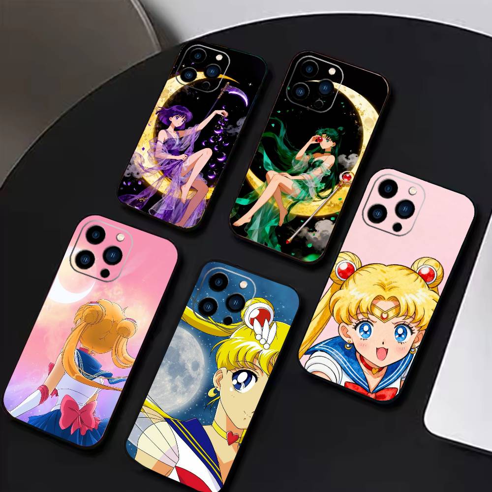 Cartoon F-Sailor M-Moons Phone Case For iPhone 17 16 15 14 13 12 Max Plus Silicone Black Cover