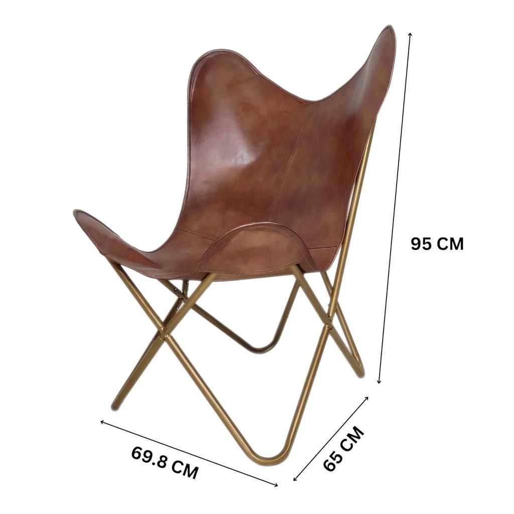 Stylish Recliner Brown Leather Butterfly Chair with Folding Golden Powder Coated Iron Stand