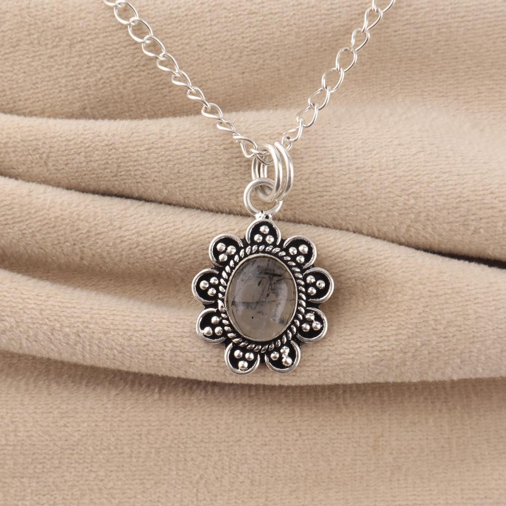 Natural Black Rutile Gemstone 925 Sterling Silver Jewelry Handmade Pendant 1.37" For Wedding Gift CP-40-22