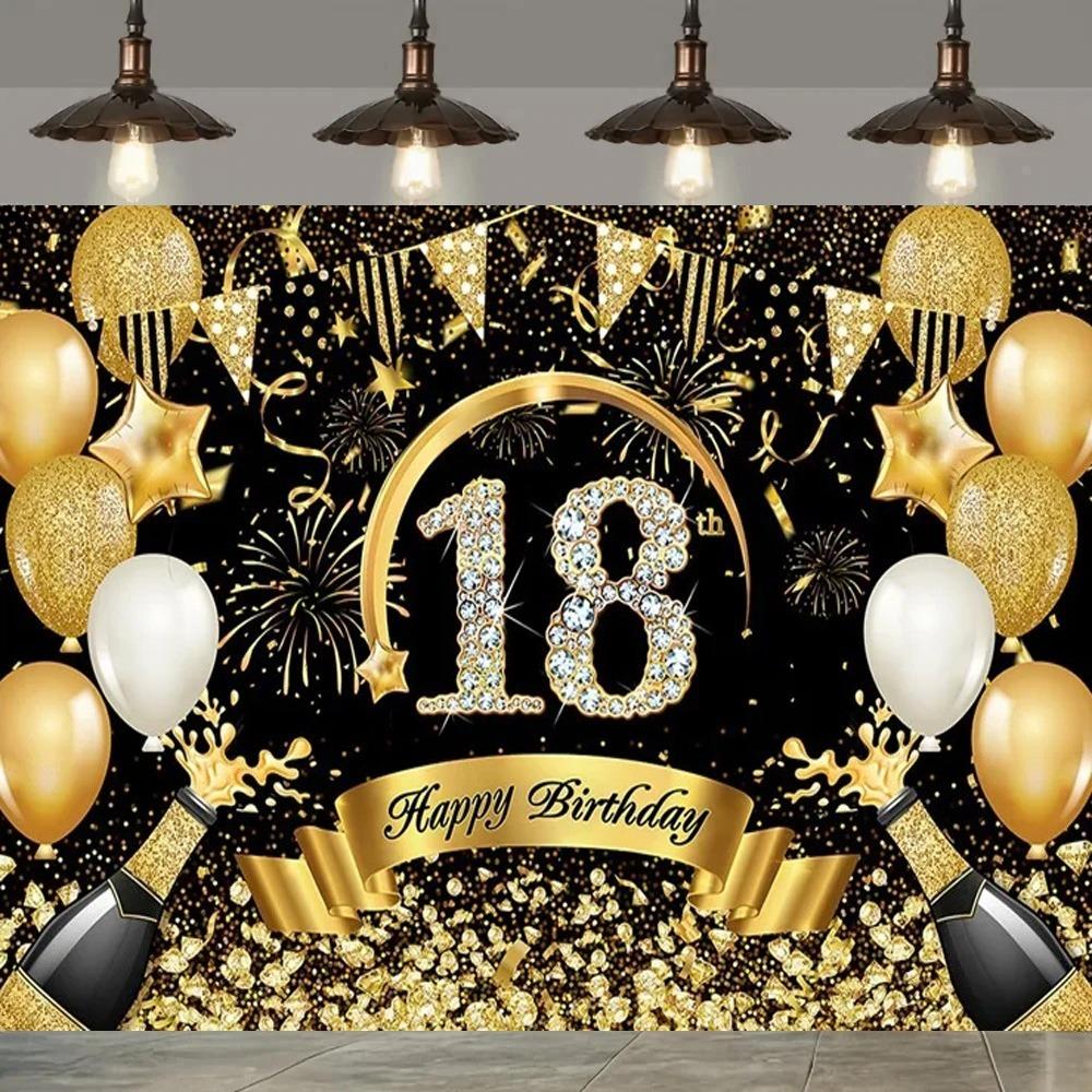 Black Gold Balloon Star Paper Scraps Themed Banner Background 18th Birthday Party Decoration Photography Studio Backdrop Cloth