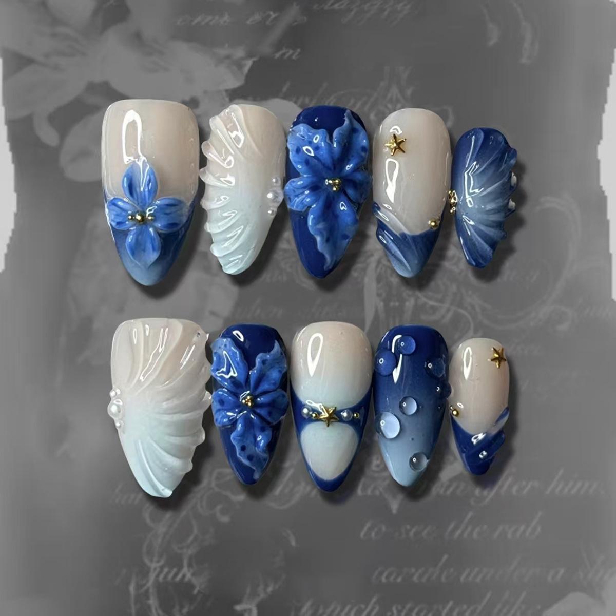 

24PCS Blue Beach Gradient French Stick on False Nails 3D Shell Seastar Design Almond Fake Nails with Pearl Acrylic Nail Wearable