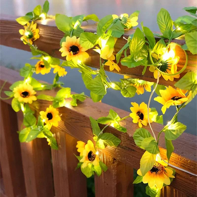 Solar Outdoor Lights Festoon Sunflower Maple Leaves LED Light String Wedding Garden Holiday Balcony Decoration Solar Garland