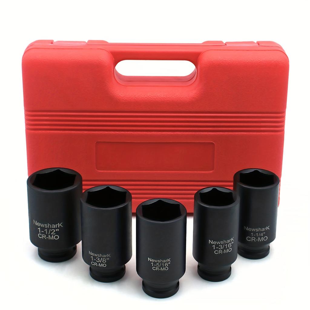 5PCS 1/2-Inch Drive Deep Spindle Axle Nut Impact Socket Set,6 Point SAE, CR-MO, Heavy Duty Impact Socket Set with Portable Case