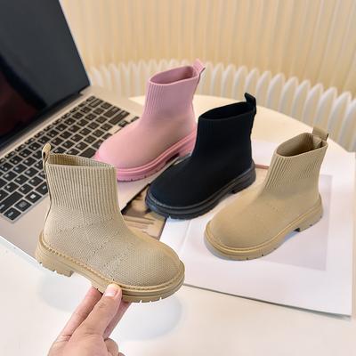 Botas de Tecido Tricotadas Confortáveis para Crianças Botas da Moda Infantil Cor Sólida Versátil 2025 Novas Meninos Meninas Botas Curtas Biqueira Redonda